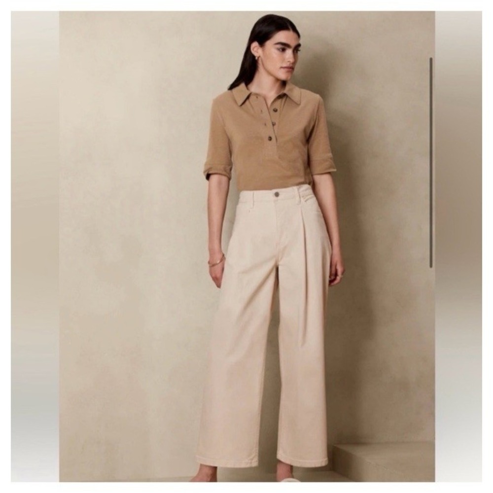 Banana Republic‎ High Rise Pleated Ivory Cream Jeans 34 Tall 18 Barrel Wide Leg